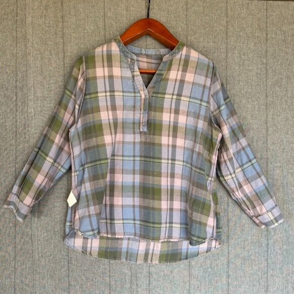 Soft Surroundings Serissa 1005 Cotton Flannel Green Lavender Blue Plaid Blouse - Picture 8 of 13
